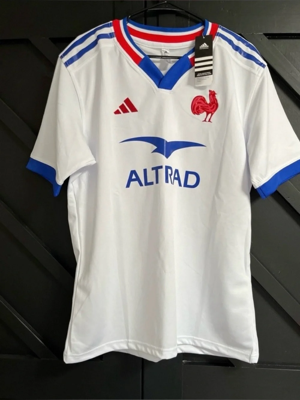 Adidas D.DOUE White Jersey with Blue Stripes and Red Crest